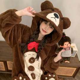 轻松熊连体睡衣女秋冬季加厚加绒卡通可爱少女家居服套装冬跨境潮