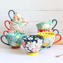 复古美式陶瓷杯马克杯咖啡杯家用早餐杯手绘田园风彩色杯创意陶瓷