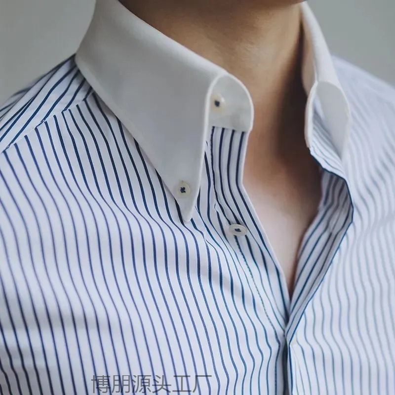 Casual Striped Shirt Men's Long-Sleeved Spring and Autum New Retro Pointed Collar Anti-Wrinkle Top Business Versatile White Shirt Casual Striped Shirt Men's Long-Sleeved Spring and Autum New Retro Pointed Collar Anti-Wrinkle Top Business Versatile White Shirt
