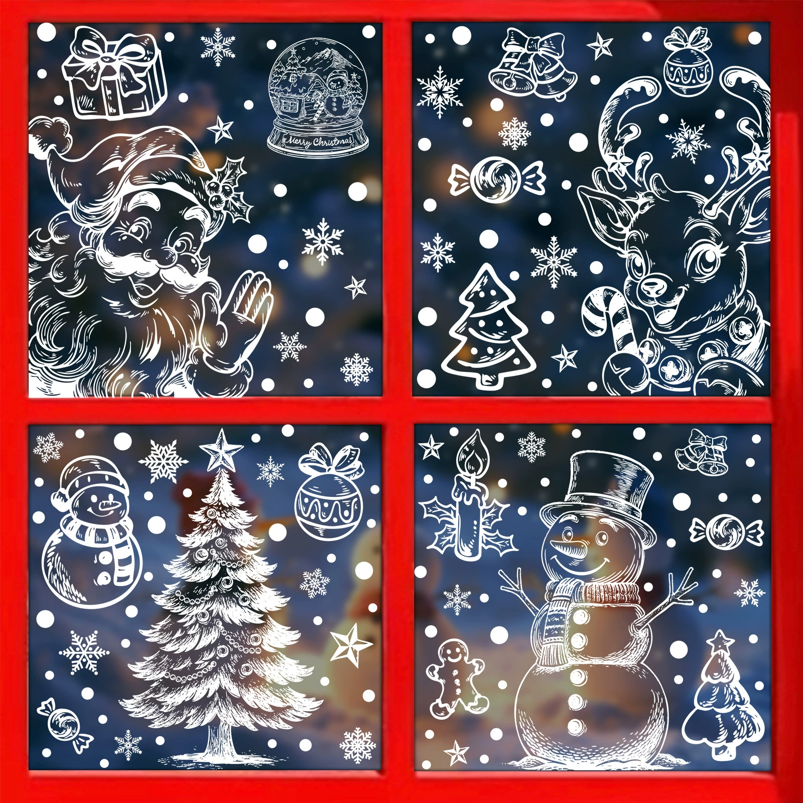 俄罗斯新年圣诞节贴纸白色圣诞树静电贴圣诞装饰球冬季雪景窗贴画