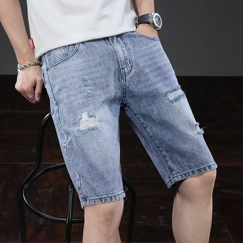 Men's denim shorts, summer thin style, trendy loose-fit straight-leg five-point shorts, men's fashion brand, distressed mid-length shorts