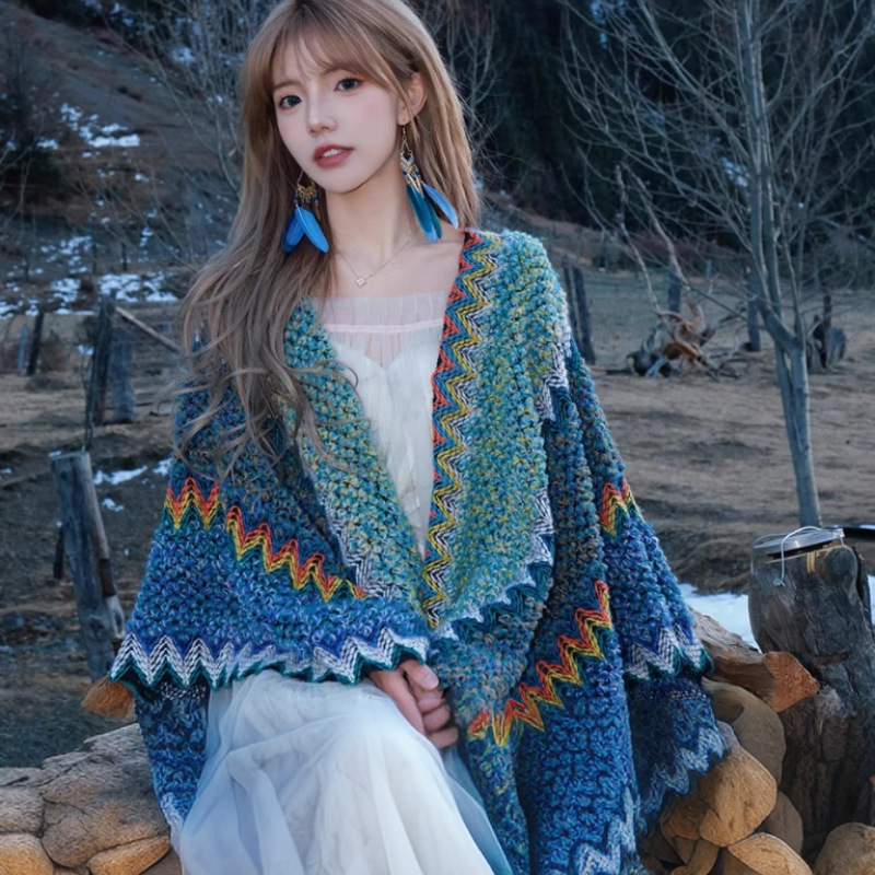 Yunnan Lijiang Ethnic Style Blue Shawl Celebrity-Style Blanket Travel Cape Coat Scarf for Women