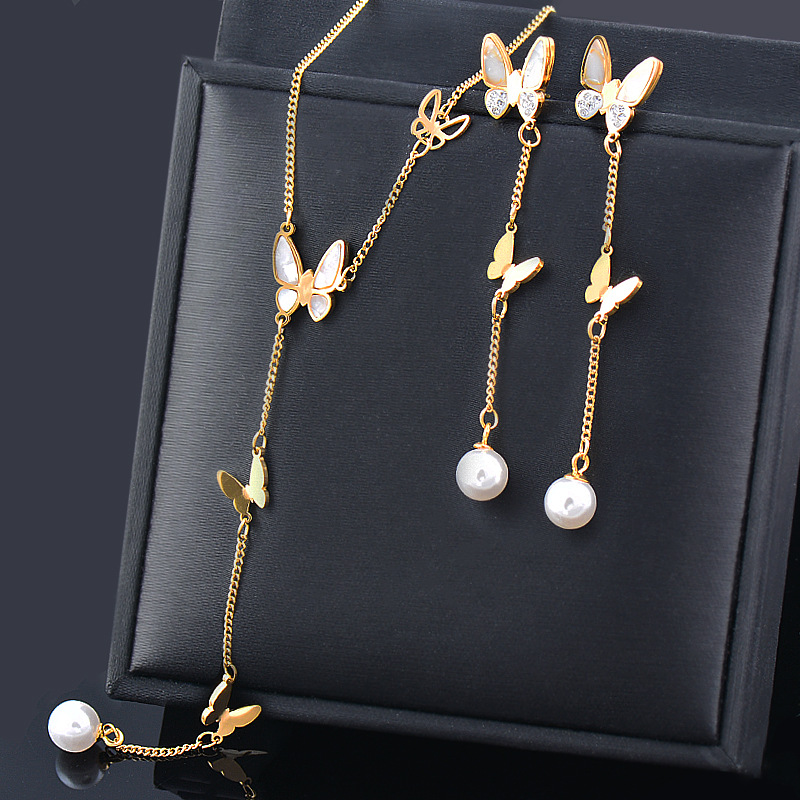 Fashion Butterfly Titanium Steel Inlay Shell Pendant Necklace 1 Piece 1 Pair