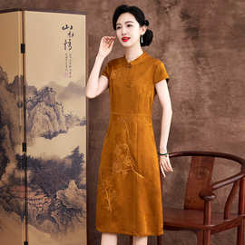 真丝花罗香云纱2026夏季新款时尚大码妈妈装桑蚕丝提花旗袍裙子