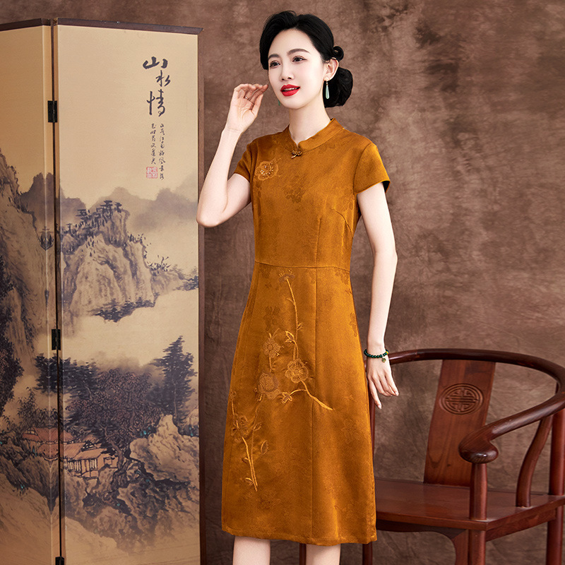 Silk Floral Jacquard Xiangyun Silk 2026 Summer New Fashion Plus-Size Mother's Wear Mulberry Silk Jacquard Cheongsam Dress