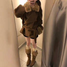 工厂复古美拉德毛绒领毛呢外套秋冬新款气质绑带收腰显瘦呢子大衣