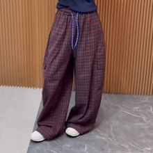 厂家直销韩版格子高腰阔腿工装裤女25早秋薄款宽松百搭抽绳直筒裤