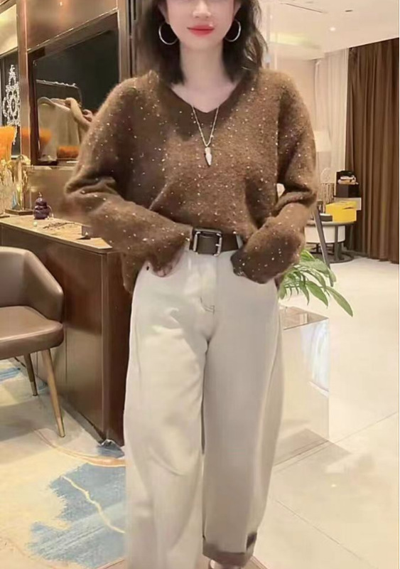 欧货亚马逊彩色V领长袖针织衫上衣女秋季宽松慵懒风软糯毛衣|undefined