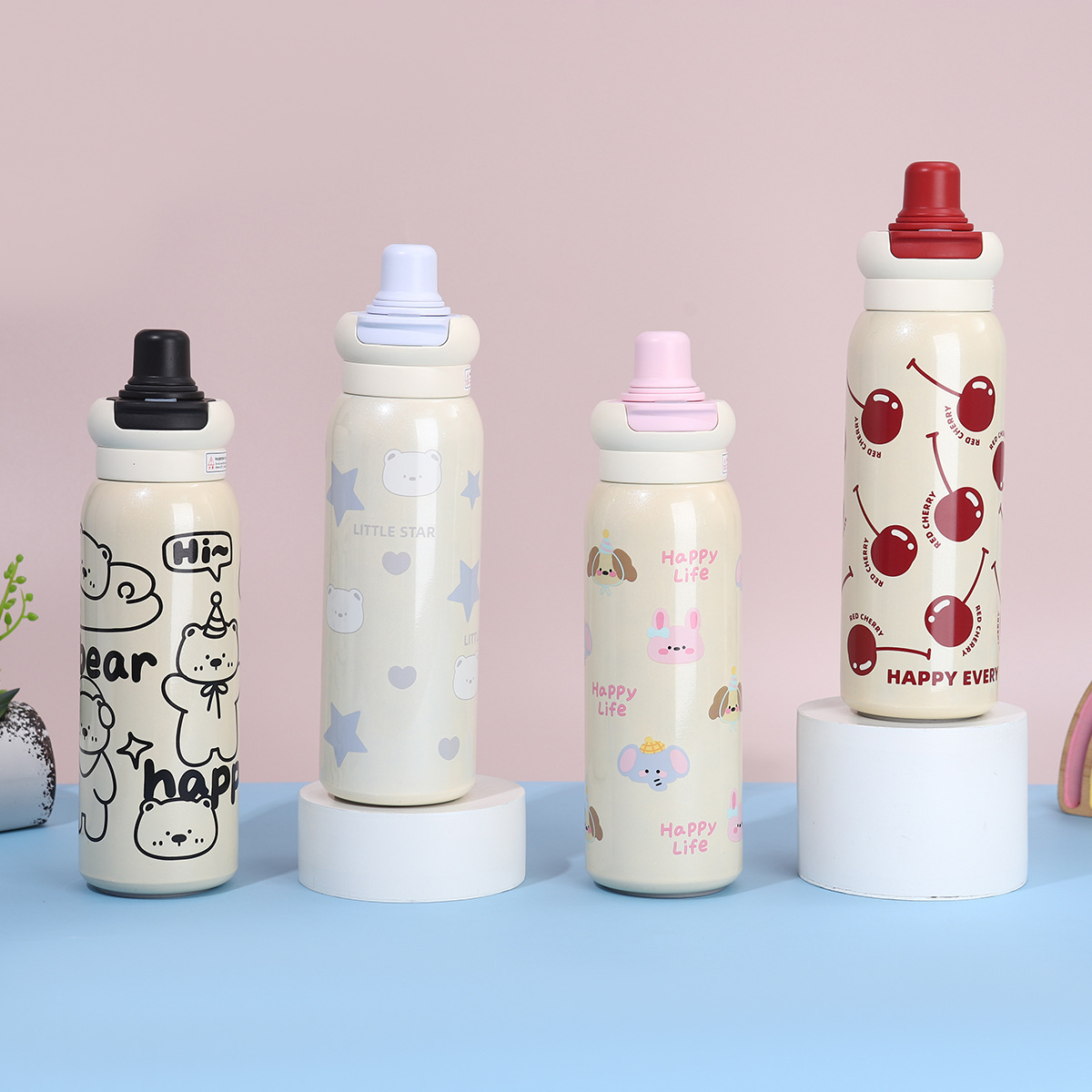 新款316不锈钢保温杯便携双饮学生情侣水壶萌趣可爱带提绳直身杯