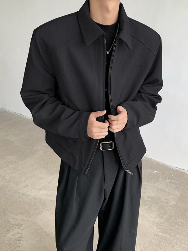 cleanfit黑色短款夹克外套男春秋款高级感痞帅垫肩翻领正肩棒球服|undefined