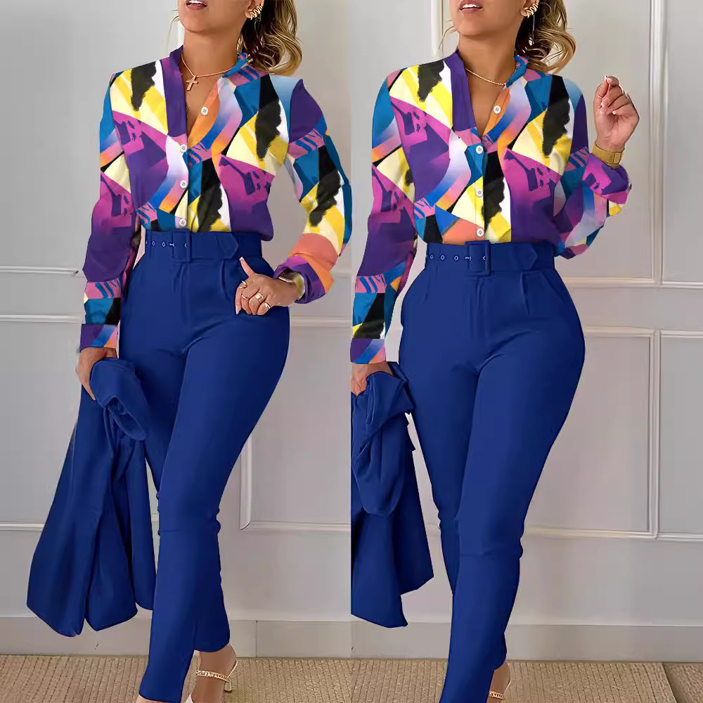 European and American Foreign Trade Women's Cross-border New Casual suit Printed Collar Long Sleeve Shirt Top Trousers Two-piece Set