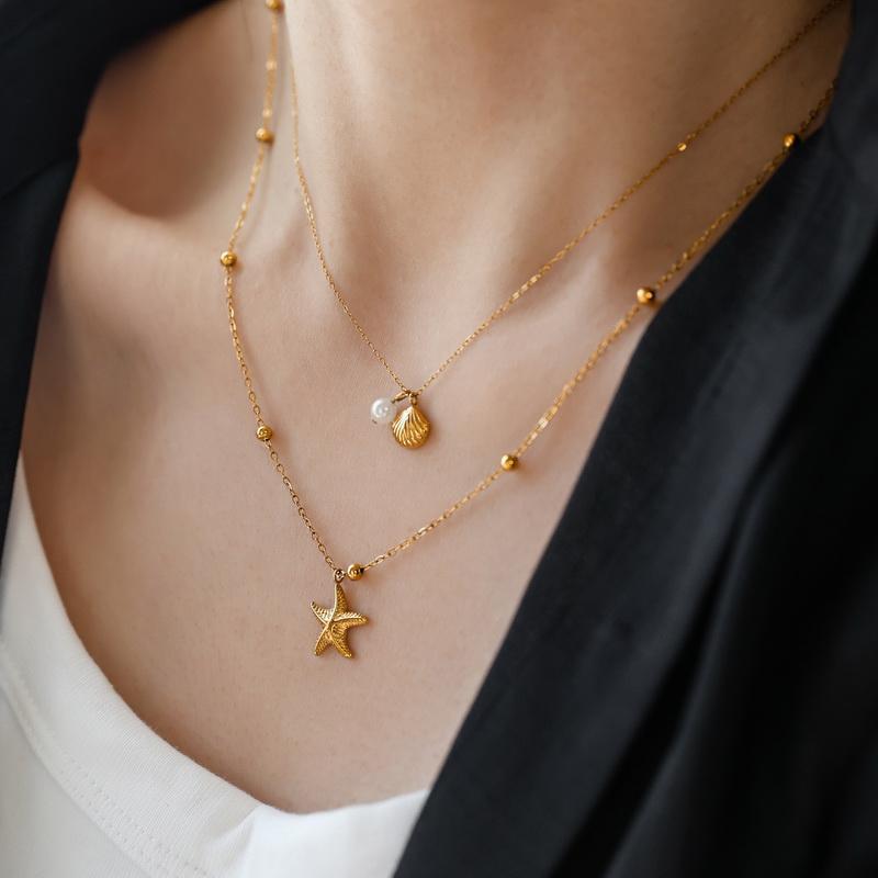 European And American Double Layer Stacked Ocean Style Shell Starfish Pearl Titanium Steel Necklace For Women Exquisite_voghion.com