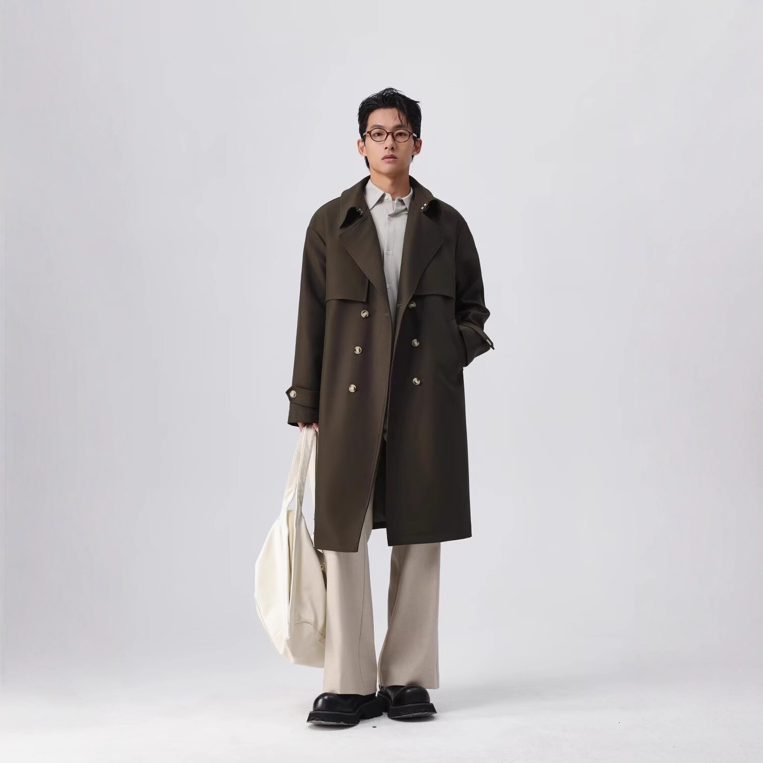 Men's extra-long trench coat with double-disc design, over-the-knee, double-breasted, loose fit, high-end belted jacket.