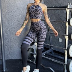 Suit!  European and American leopard print bra stitching fitness yoga leggings trousers sexy elastic breathable high waist hip lift