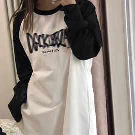 纯棉撞色长袖T恤女春秋2025新款宽松显瘦港味chic打底衫T恤上衣潮