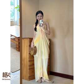 法式肌理感堆褶皱吊带裙艺术看展渐变色蓬蓬礼服海岛度假沙滩裙子