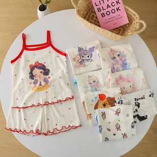 Summer Ice Silk Cool Girl Suspender Shorts Suit Lace Cute Print Baby Little Girl Thin Home Clothes