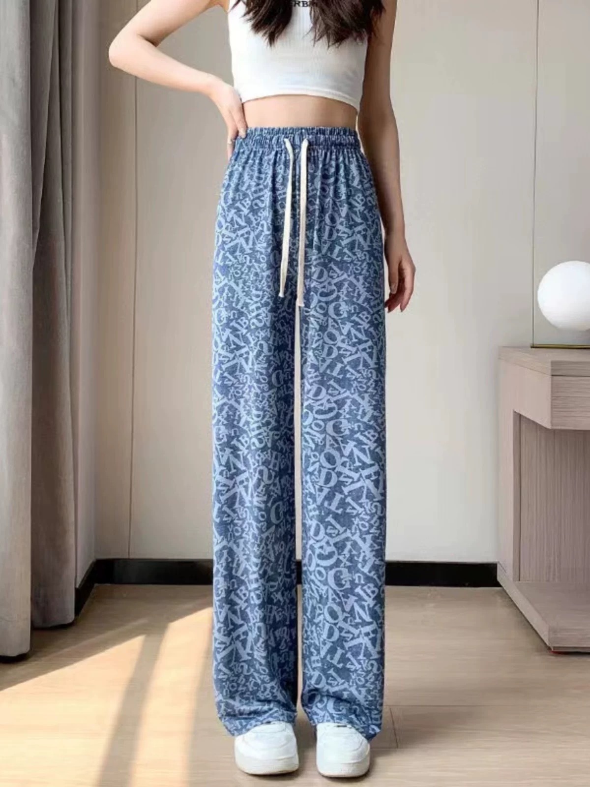 Pantalones anchos de mezclilla de seda de hielo Pantalones casuales delgados con estampado de seda de verano para mujer Pantalones de trapeador de cintura alta sueltos de cintura alta