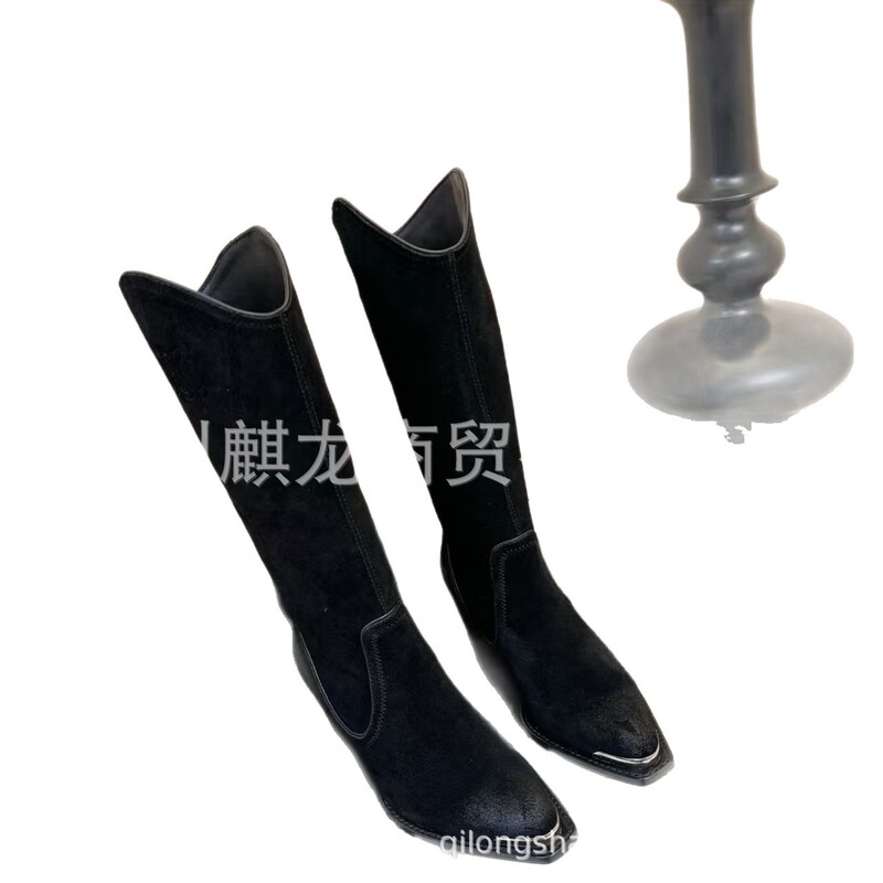 高端2025秋冬磨砂皮方头复古做旧粗跟高跟高筒骑士靴马丁靴长靴女|undefined