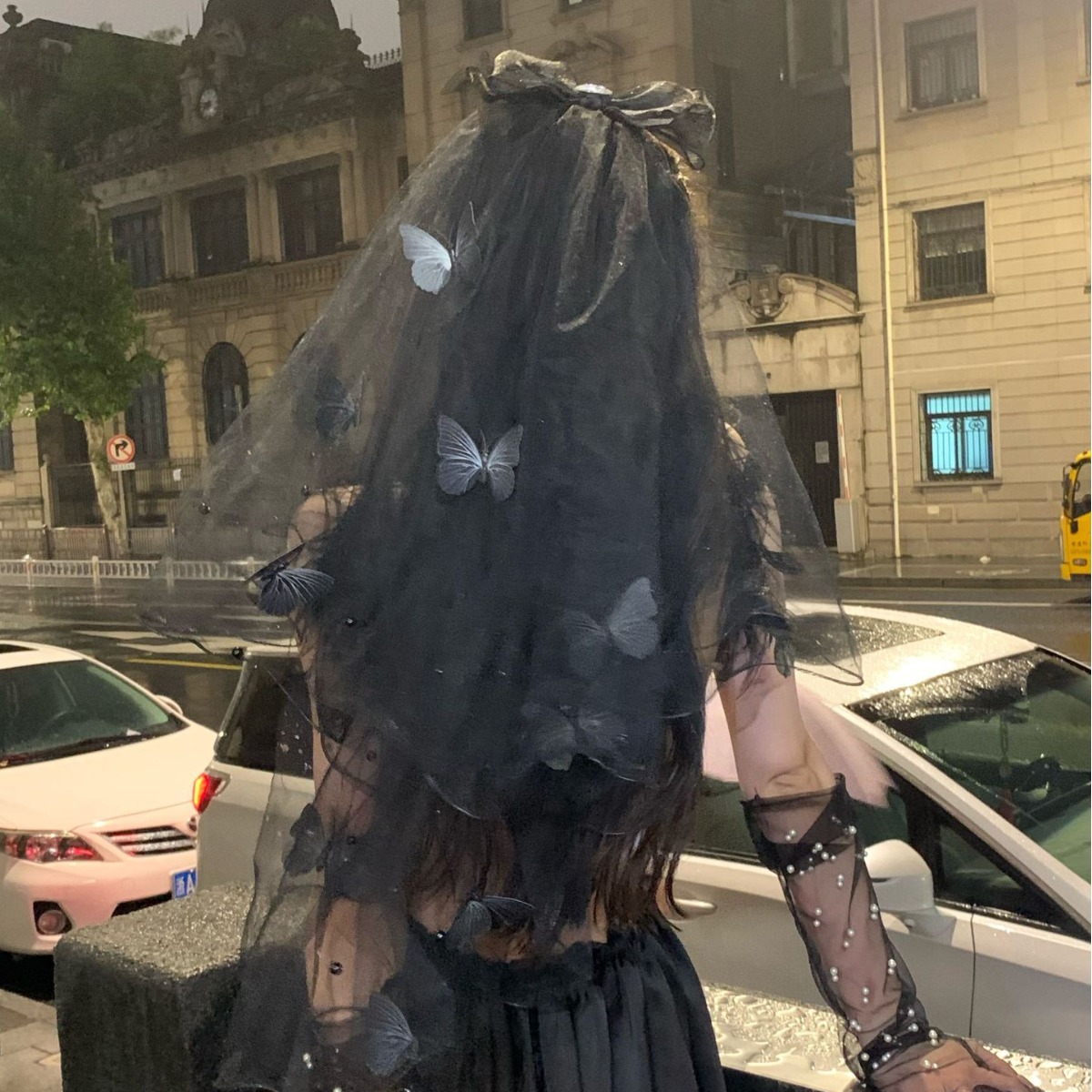 Elf de la bruja oscura Halloween disfraz de fantasma de la novia velos de cabeza arco negro tocado extraño vestido de cabello mujer