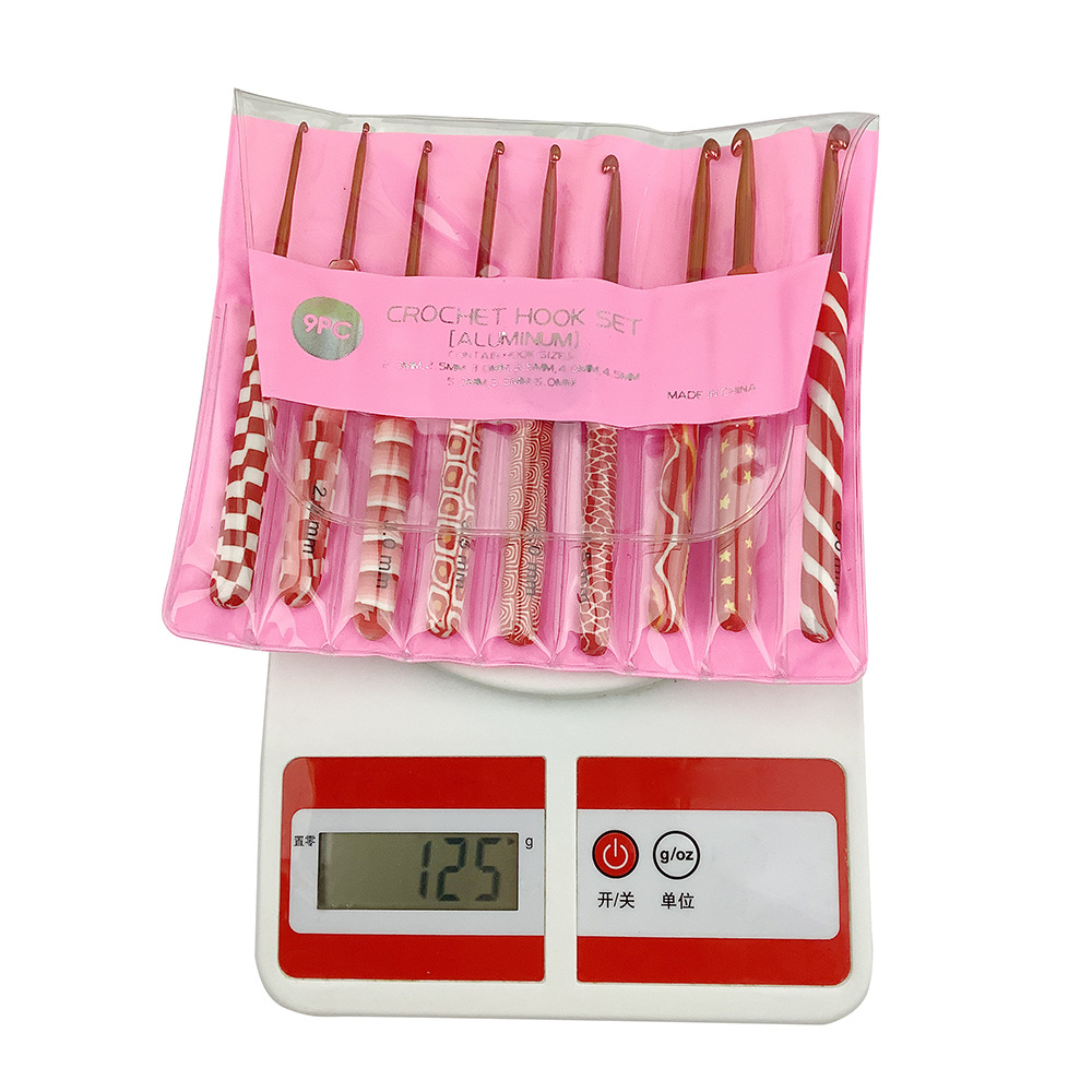 Herramientas de tejer aguja suéter largo rojo arcilla suave mango aluminio crochet conjunto 9 OPP bolsa embalaje