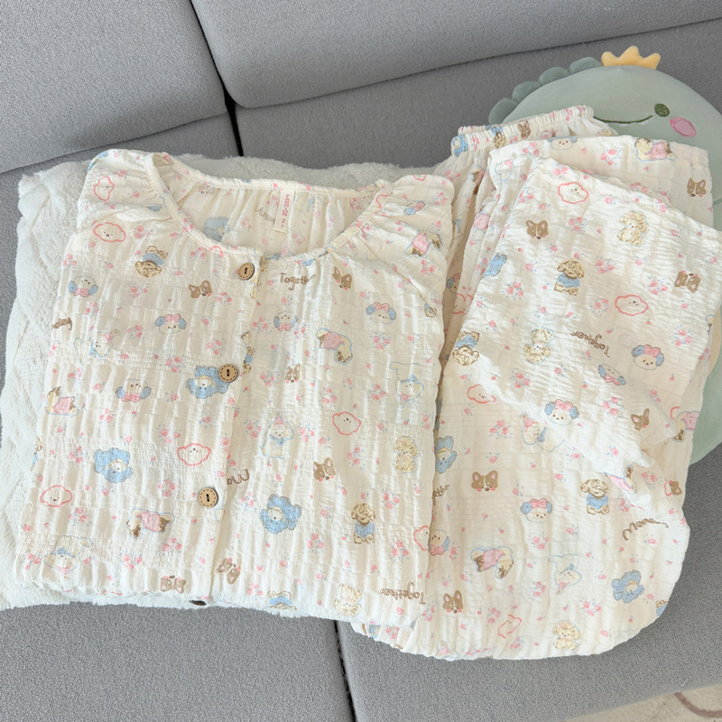 Clouds pure cotton pajamas for women, long-sleeved, long pants, spring and autumn style, 2026 new collection, cute puppy design, round neck, loungewear, summer Clouds pure cotton pajamas for women, long-sleeved, long pants, spring and autumn style, 2026 new collection, cute puppy design, round neck, loungewear, summer