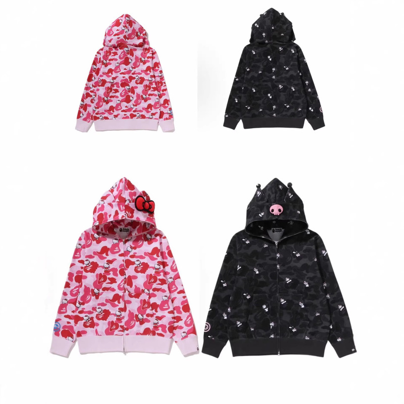 s26BAPE x Hello Kitty x Kuromi women's hooded sweatshirt, trendy loose-fitting jacket for autumn
