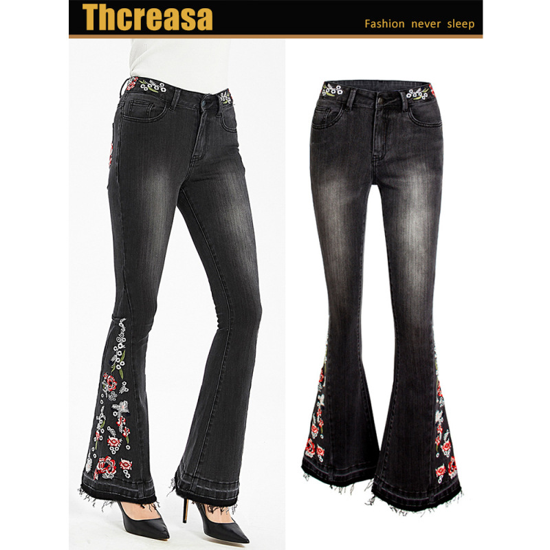 Autumn Foreign Trade Cross-Border Women's Clothing Stretch Heavy Embroider Flower Bell Bottoms Black Jeans Trousers for Women