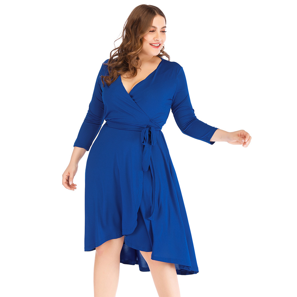  plus size v-neck solid color long-sleeved belted package hip dress nihaostyles wholesale clothing NSJR84921