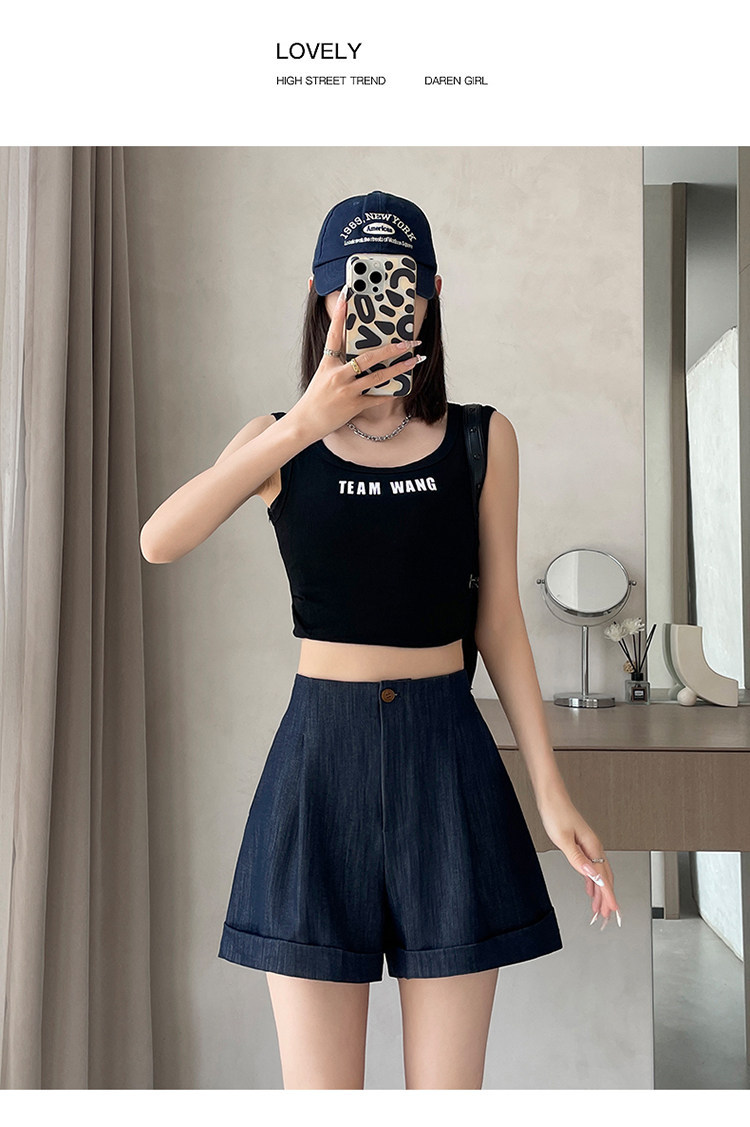 Quần short jean nữ lưng cao ống rộng gấu cuộn — màu đen chi tiết 29