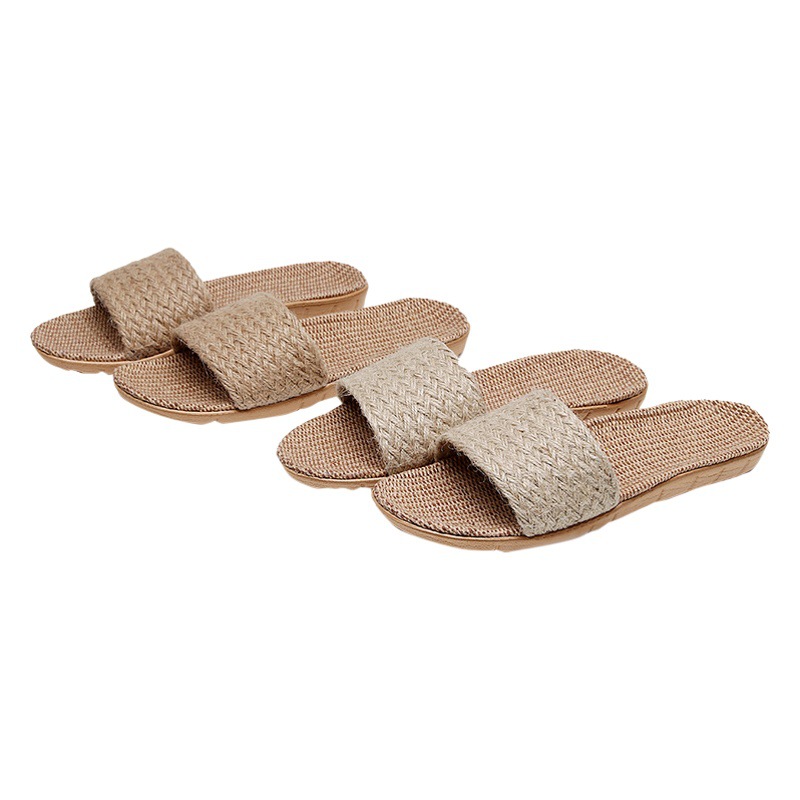 Summer Linen Slippers for Home Indoor Use, Couple's Breathable Non-Slip Sweat-Absorbing Sandals for Wooden Floors, Cotton and Linen Flat-Soled Shoes
