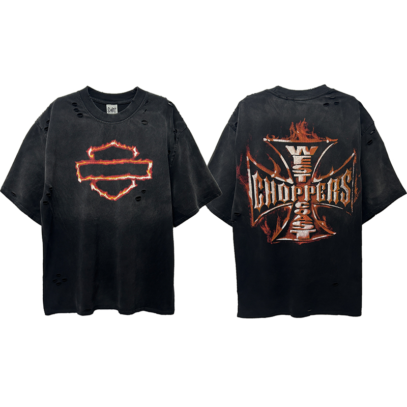 European and American Trendy American High Street Retro Washed Distressed Vintage Heavy Vtg Loose Large Size Short-Sleeved T-Shirt Summer