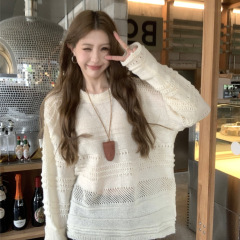 镂空提花圆领针织衫女秋季2025新款休闲宽松显瘦百搭慵懒网红毛衣