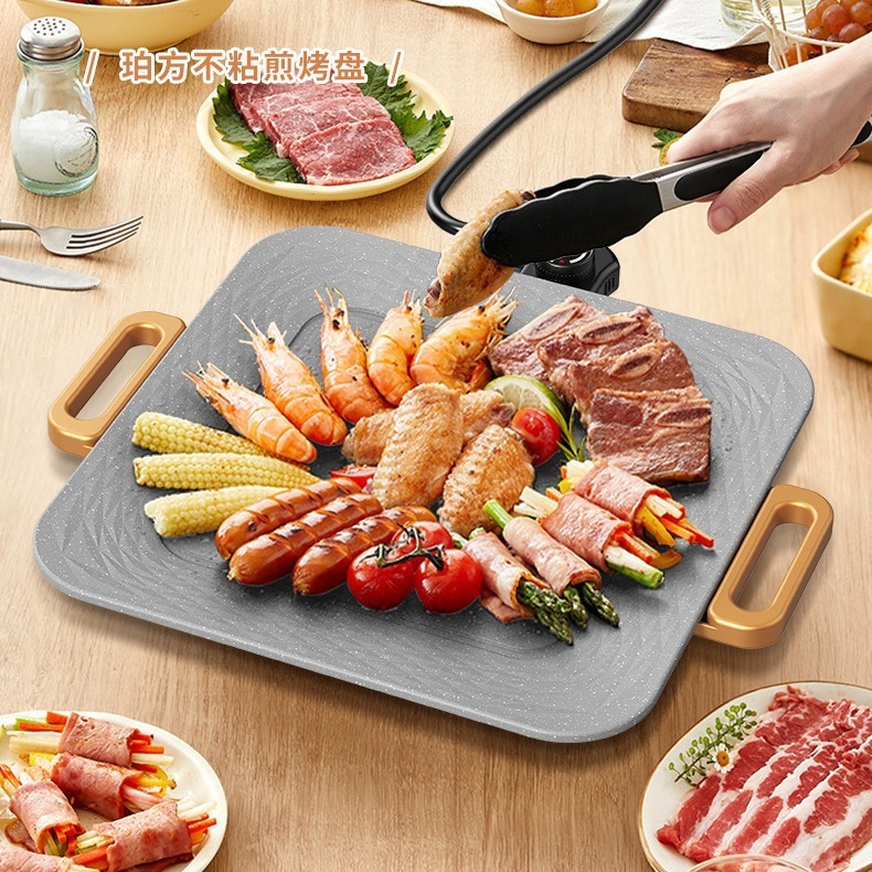 クロスボーダースクエアグリルパン麦飯石ノンスティック家庭用バーベキュープレート韓国鉄板焼き無煙バーベキューマシン電気バーベキュープレート|undefined