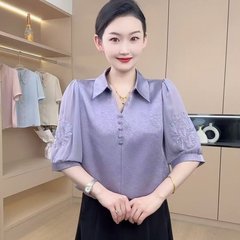 ドロップシッピングライブブロードキャスト人気シャツ 2025 夏の新ファッションラペル無地ルーズミッドスリーブシャツトップ