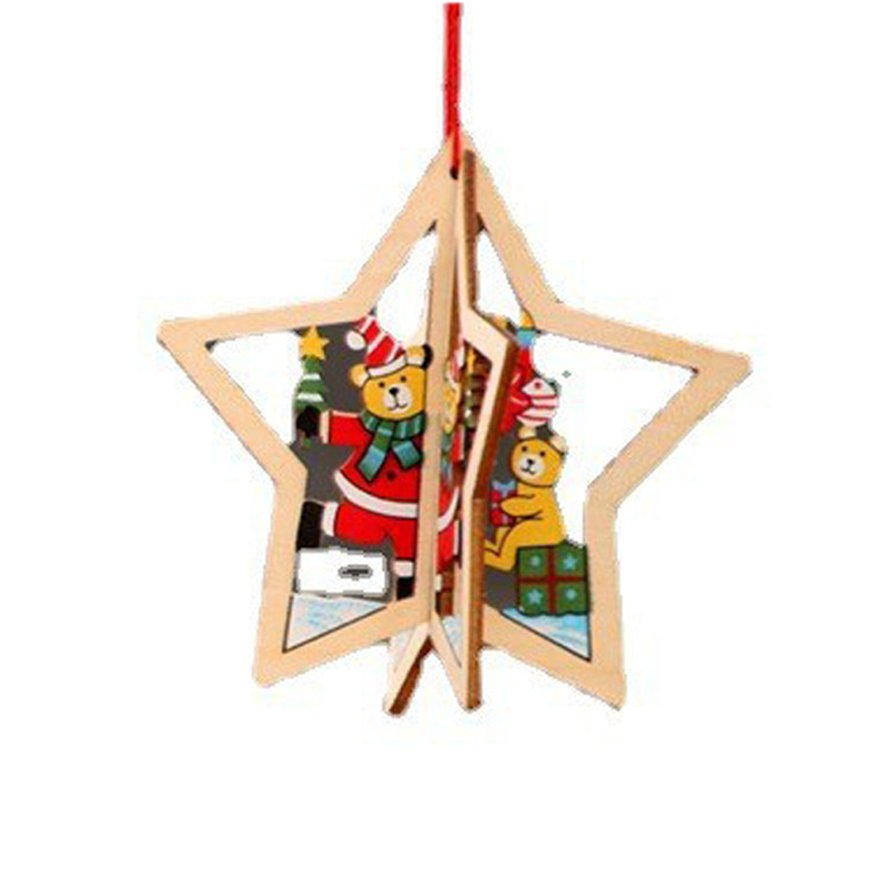 クリスマス装飾品木製クリスマスレーザー透かし彫りクリスマスツリー小さなペンダント木製五角星鈴オンフックプレゼント|undefined
