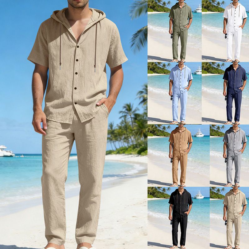 Herren Sommer-Freizeitanzug mit Hemd und Hose, locker geschnitten, Leinen, Kapuze, kurzärmelig, europäisch-amerikanischer Stil, gerades Bein_voghion.com
