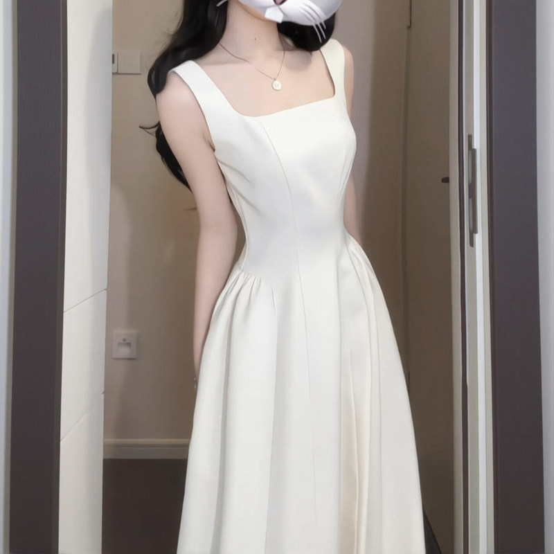 White Sleeveless Long Dress for Women, Early Summer, Beautiful Slim-Fit Waist-Cinching Birthday Dress, Spaghetti Strap Dress White Sleeveless Long Dress for Women, Early Summer, Beautiful Slim-Fit Waist-Cinching Birthday Dress, Spaghetti Strap Dress