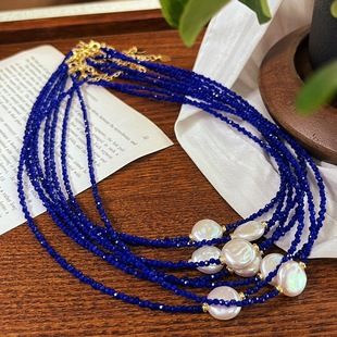 Guofeng sapphire blue artificial sapphire natural freshwater pearl baroque pearl clavicle chain necklace