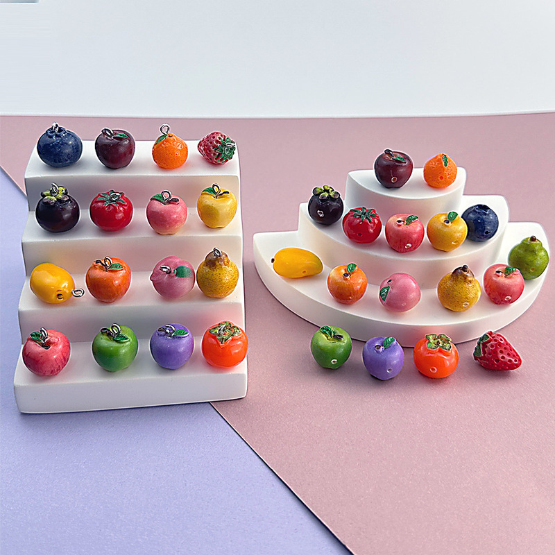 3D Resin Keychain with Sheep Eye Studs and Holes, Featuring Realistic Apple, Blueberry, and Persimmon Designs, DIY Jewelry Accessories
