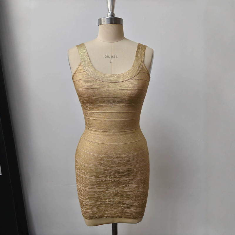 Gold Foil Bandage Bodycon Dress with U-Neck and Slim Fit Stretch Dress Gold Foil Bandage Bodycon Dress with U-Neck and Slim Fit Stretch Dress