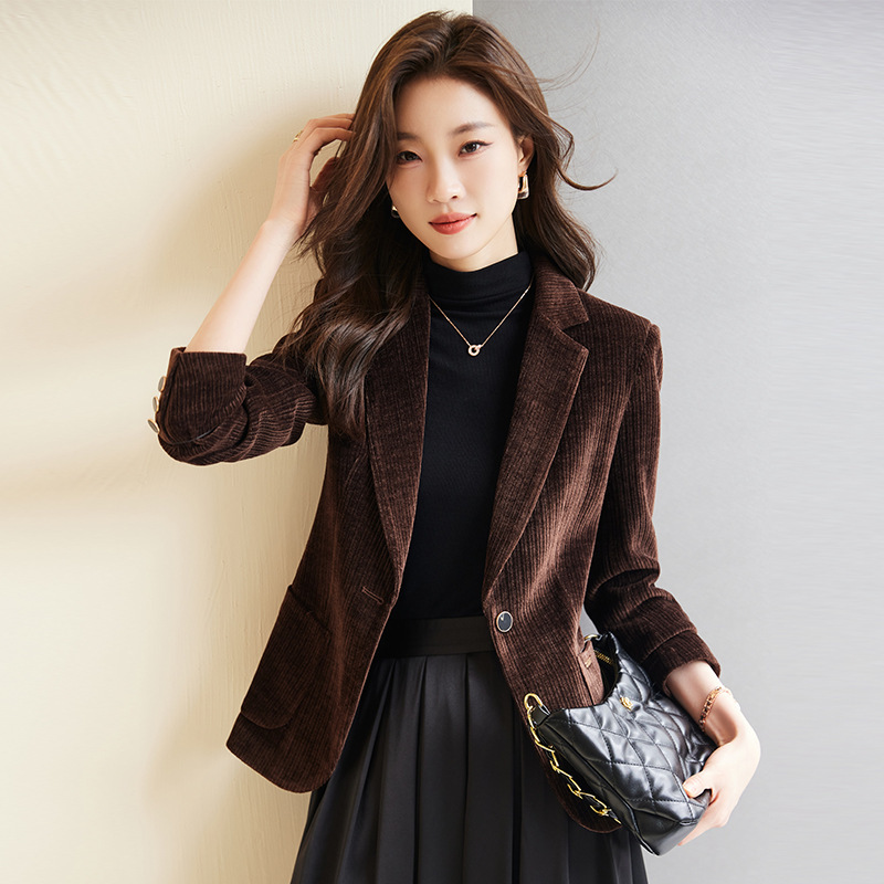 【Foreign Trade Hot Item】Coffee-Colored Corduroy Blazer for Women, 2026 Autumn and Winter, Thickened, Slim-Fit, Single-Button Suit