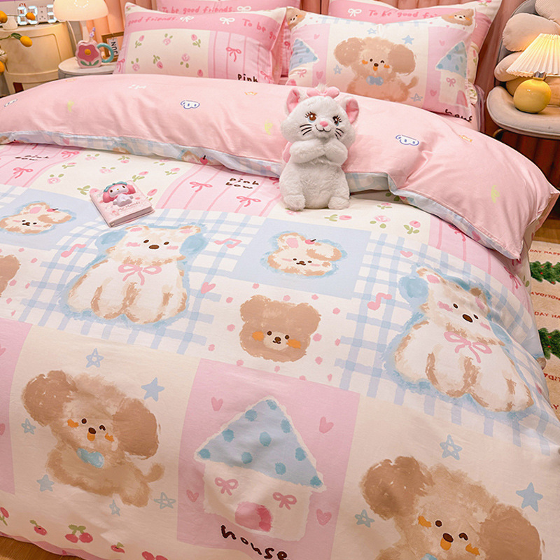 かわいいウサギの純綿ベッド4点セット、綿子供用女の子プリンセス寝具3点セット、ベッドシーツ、掛け布団カバー|undefined