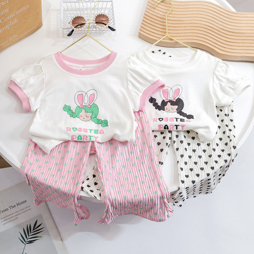 Children's Suit  New Cotton Girls Cartoon T-Shirt Cute Baby Love Anti-mosquito Pants Korean Version Two-piece Set