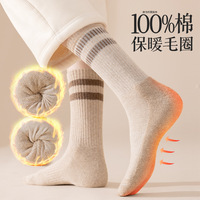 袜子女秋冬中筒袜100%棉防臭加厚发热保暖纯棉毛巾毛圈女士长袜