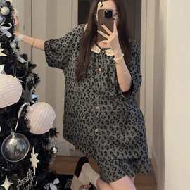 夏季纯棉豹纹花边双短女睡衣