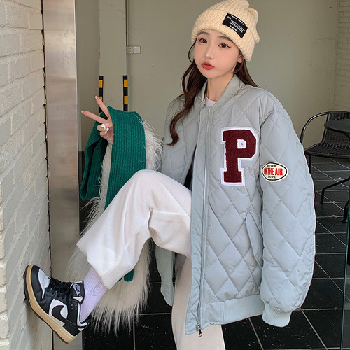 American retro diamond checkered baseball padded jacket for women in winter Korean style loose college style letter embroidered thickened jacket trendy