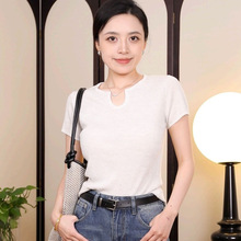 段彩亚麻针织衫短袖T恤女夏季新款设计感甜辣妹修身短款v领上衣