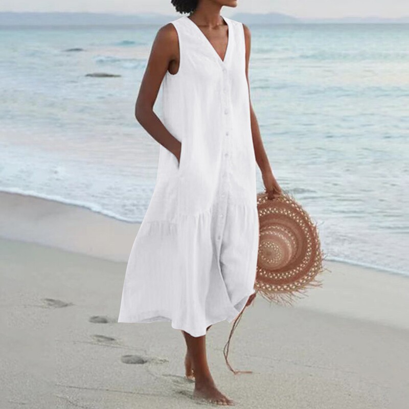 Cross-border 2026 European and American cotton-linen dress women's summer sleeveless V-neck loose long dress seaside vacation beach dress Cross-border 2026 European and American cotton-linen dress women's summer sleeveless V-neck loose long dress seaside vacation beach dress