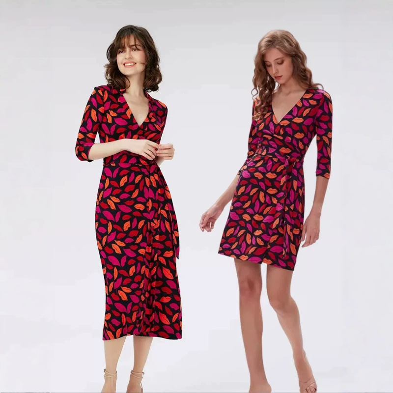 Dvf Summer Dress of the Same Style as Zhang Liangying, V-Neck One-Piece Red Lip Print Slimming Floral Wrap Dress